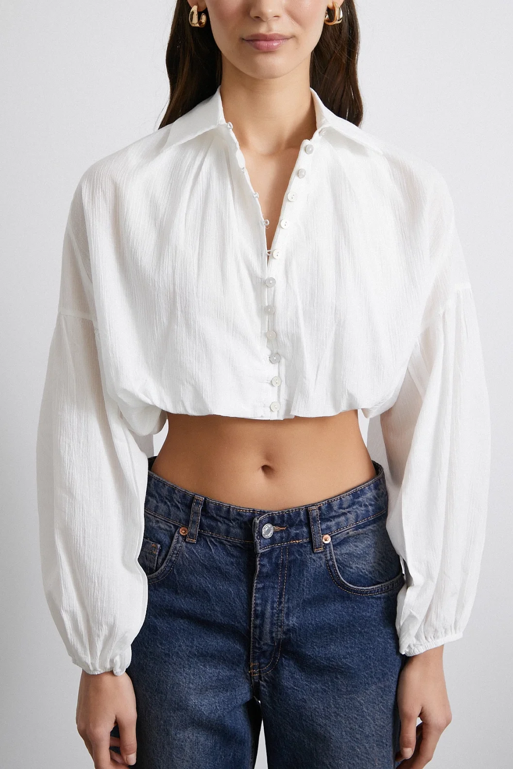 Balloon Sleeve Crop Top White