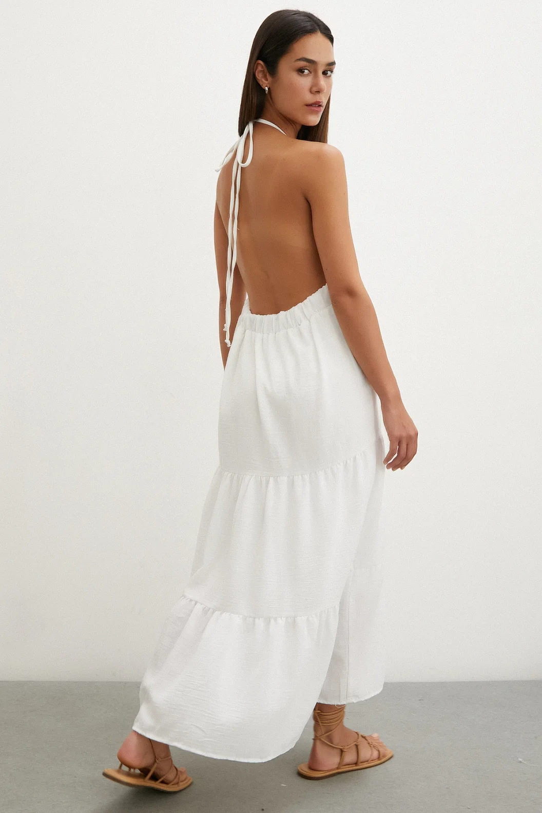 Boncuk Detay Keten Elbise Beyaz