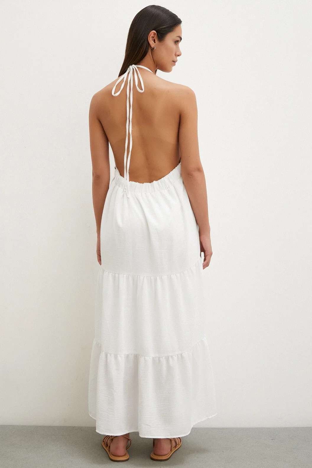 Boncuk Detay Keten Elbise Beyaz