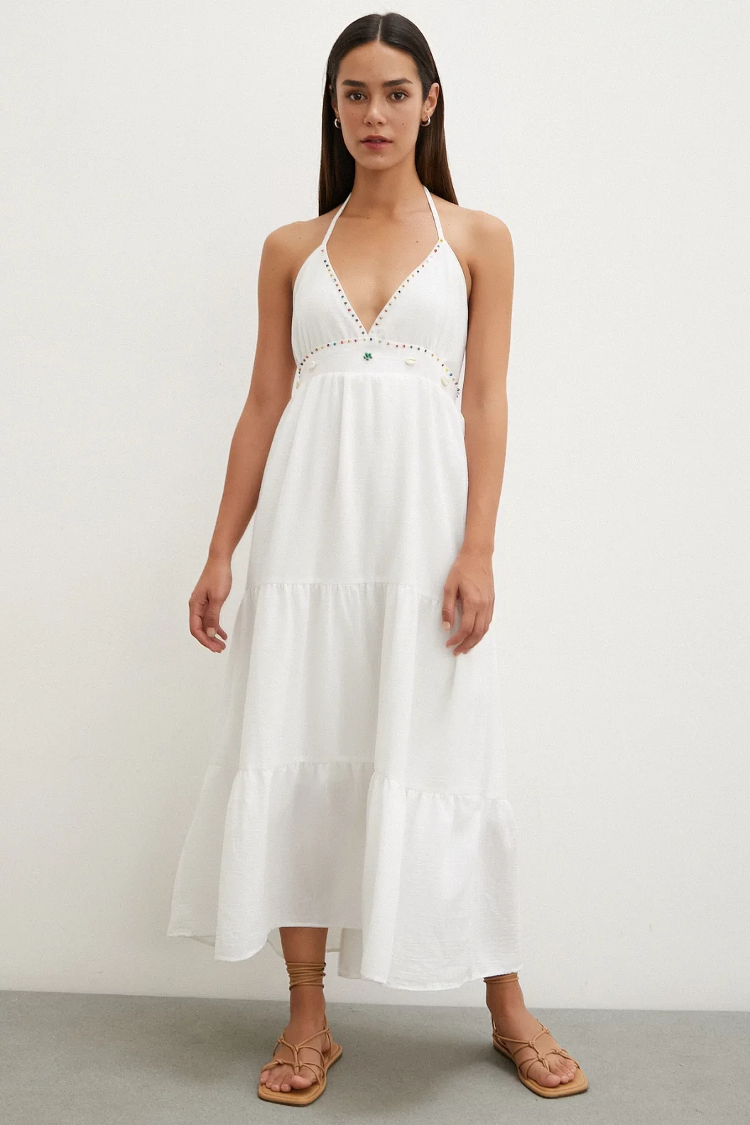 Boncuk Detay Keten Elbise Beyaz