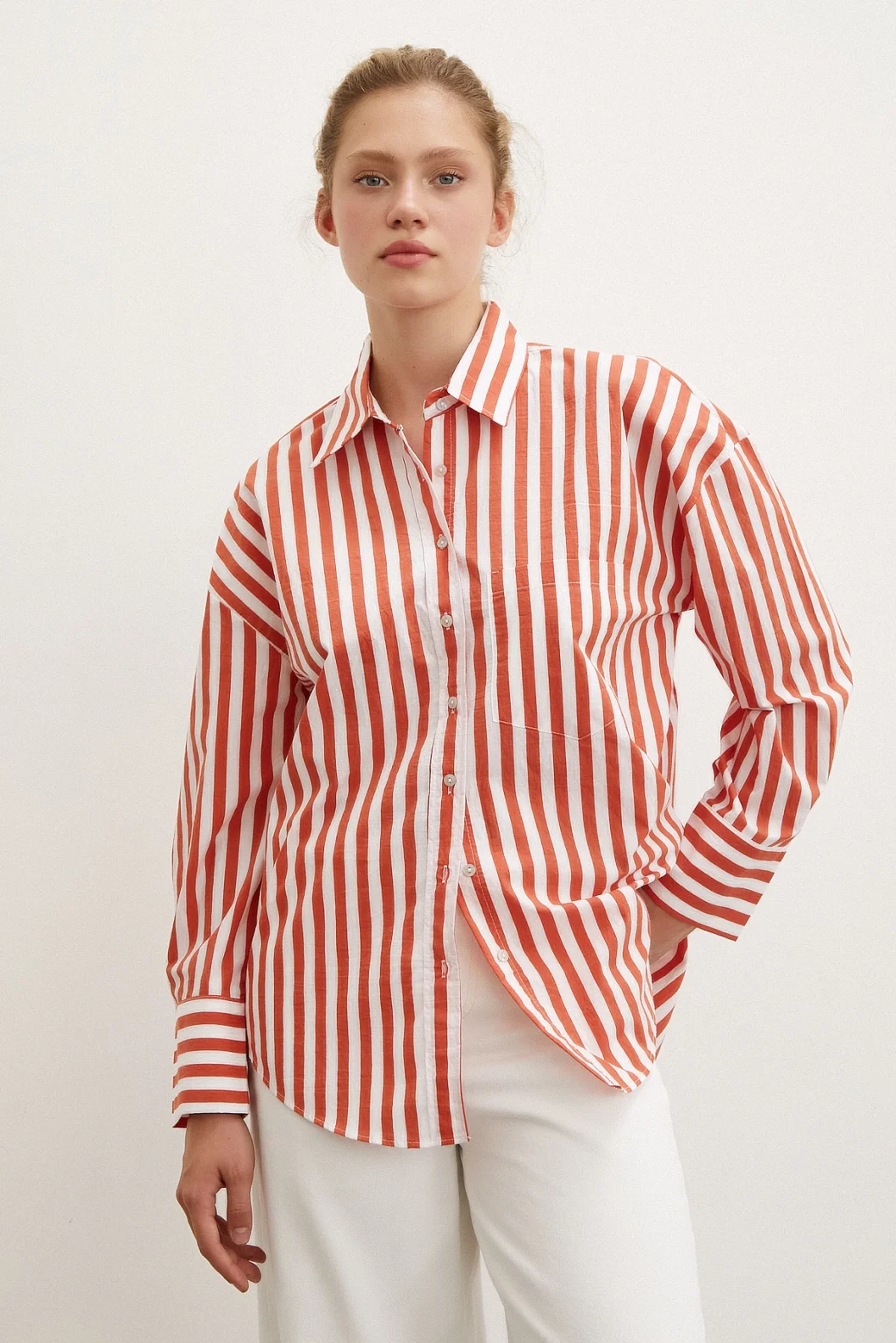 Pocket Striped Shirt Orange