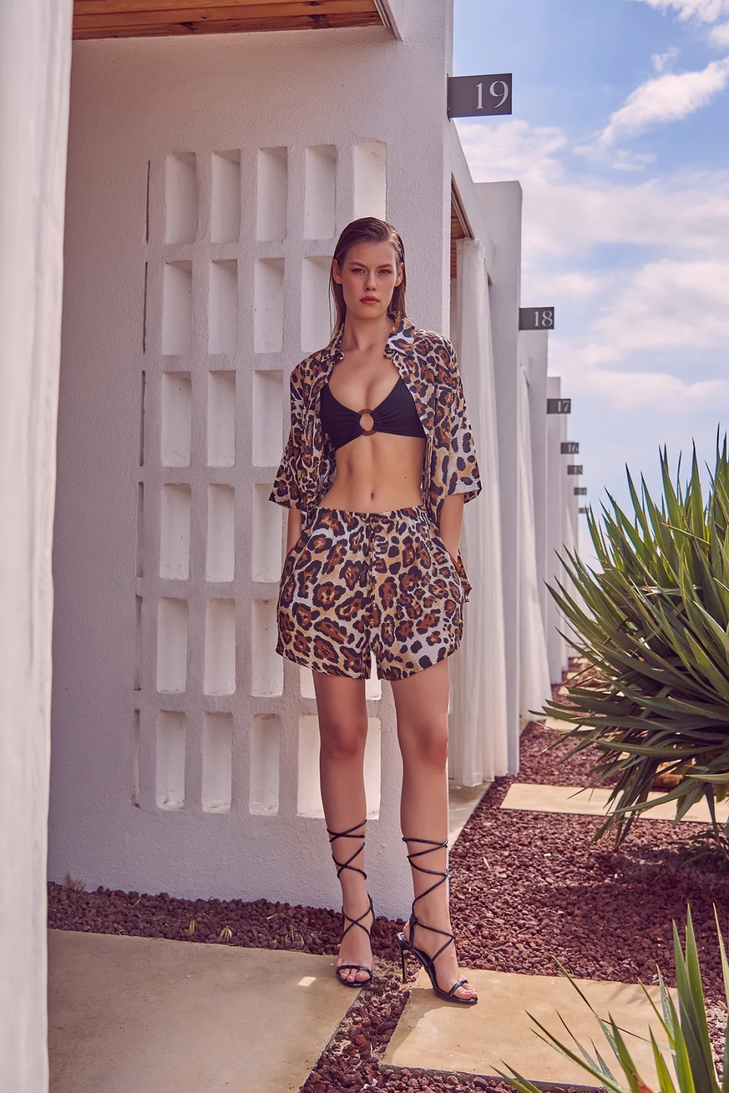 ملابس مخططة بنقشة حيوان اليغر وبشورت باللون الأخضر الزيتوني