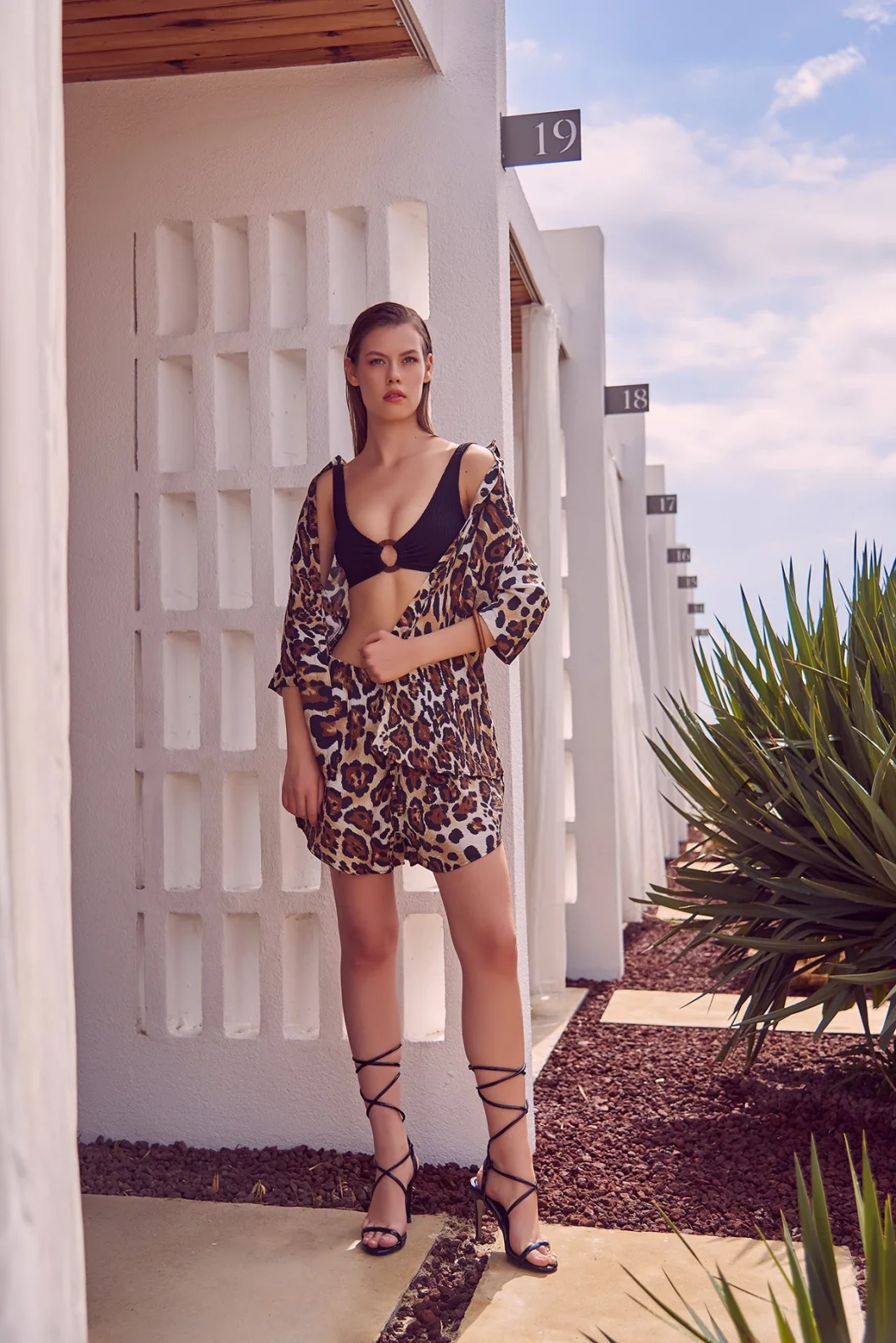 ملابس مخططة بنقشة حيوان اليغر وبشورت باللون الأخضر الزيتوني