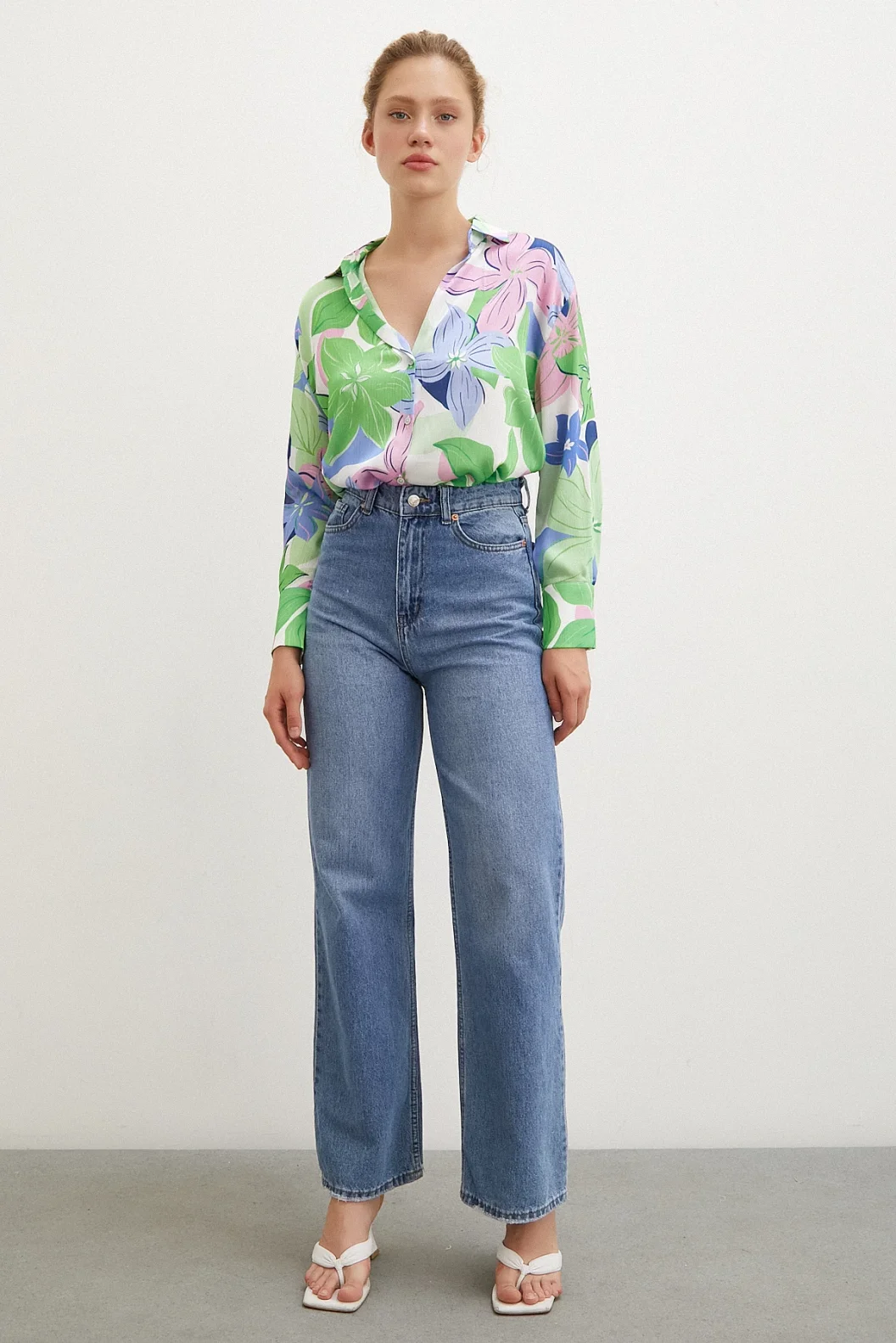 Flower Pattern Satin Shirt Green