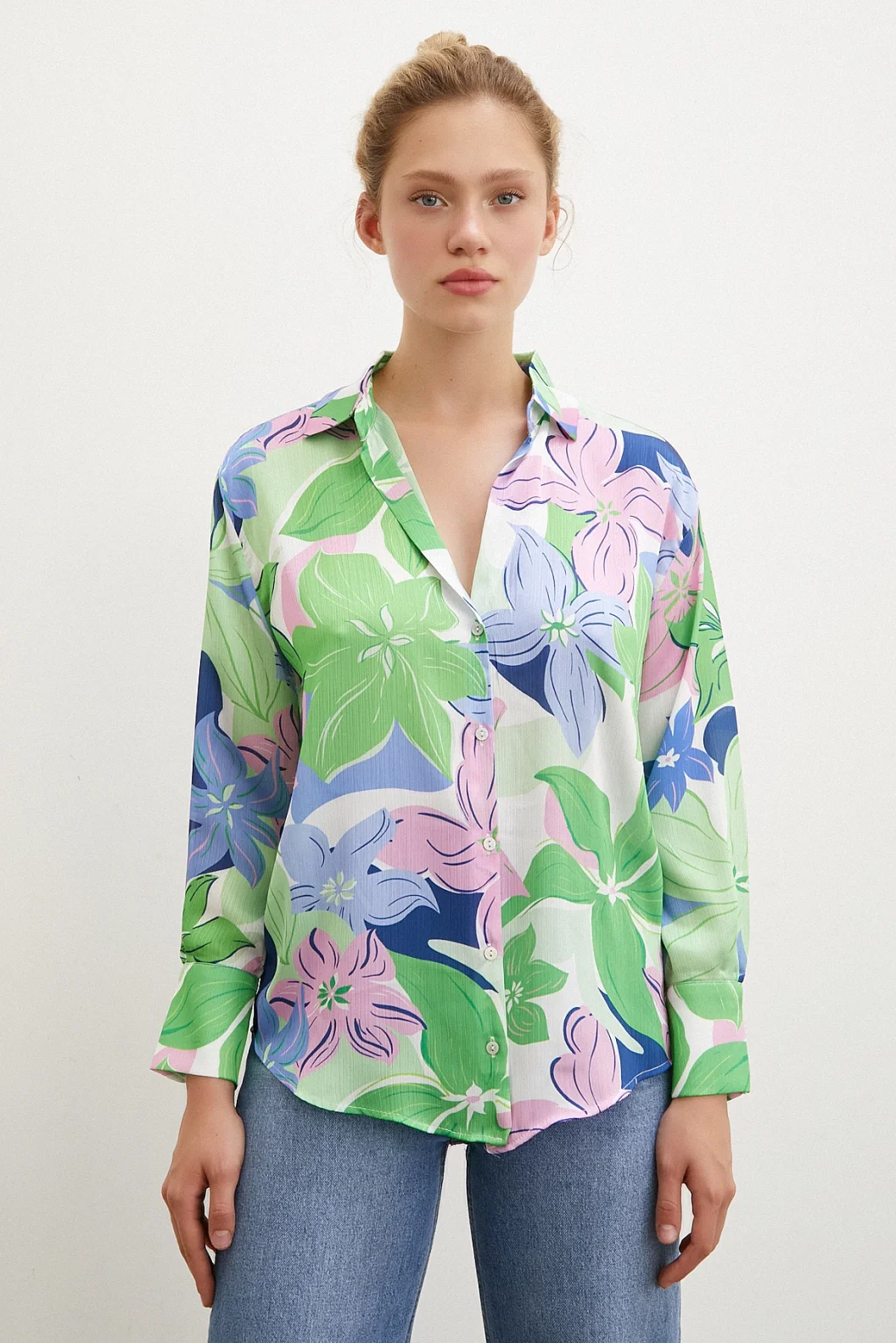 Flower Pattern Satin Shirt Green