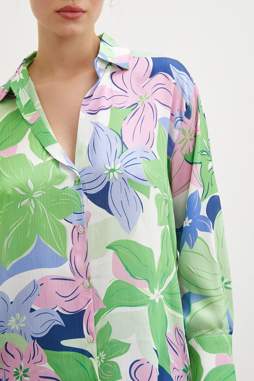 Flower Pattern Satin Shirt Green