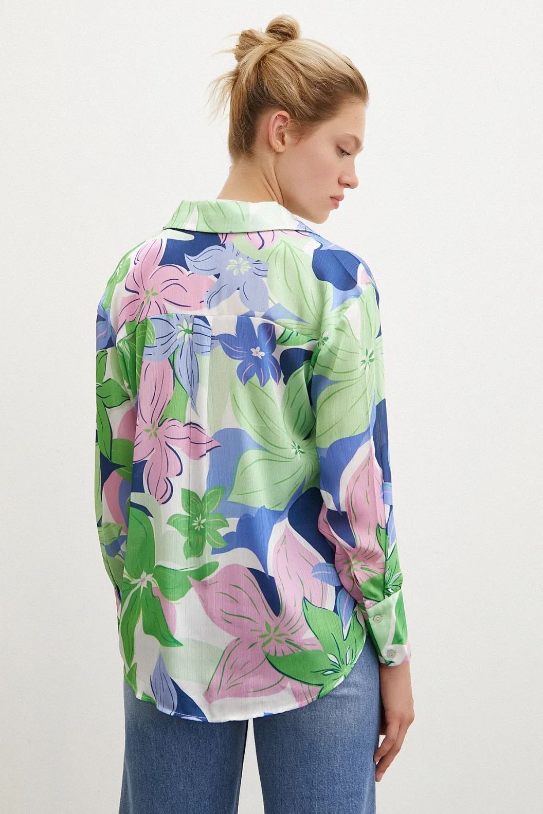 Flower Pattern Satin Shirt Green
