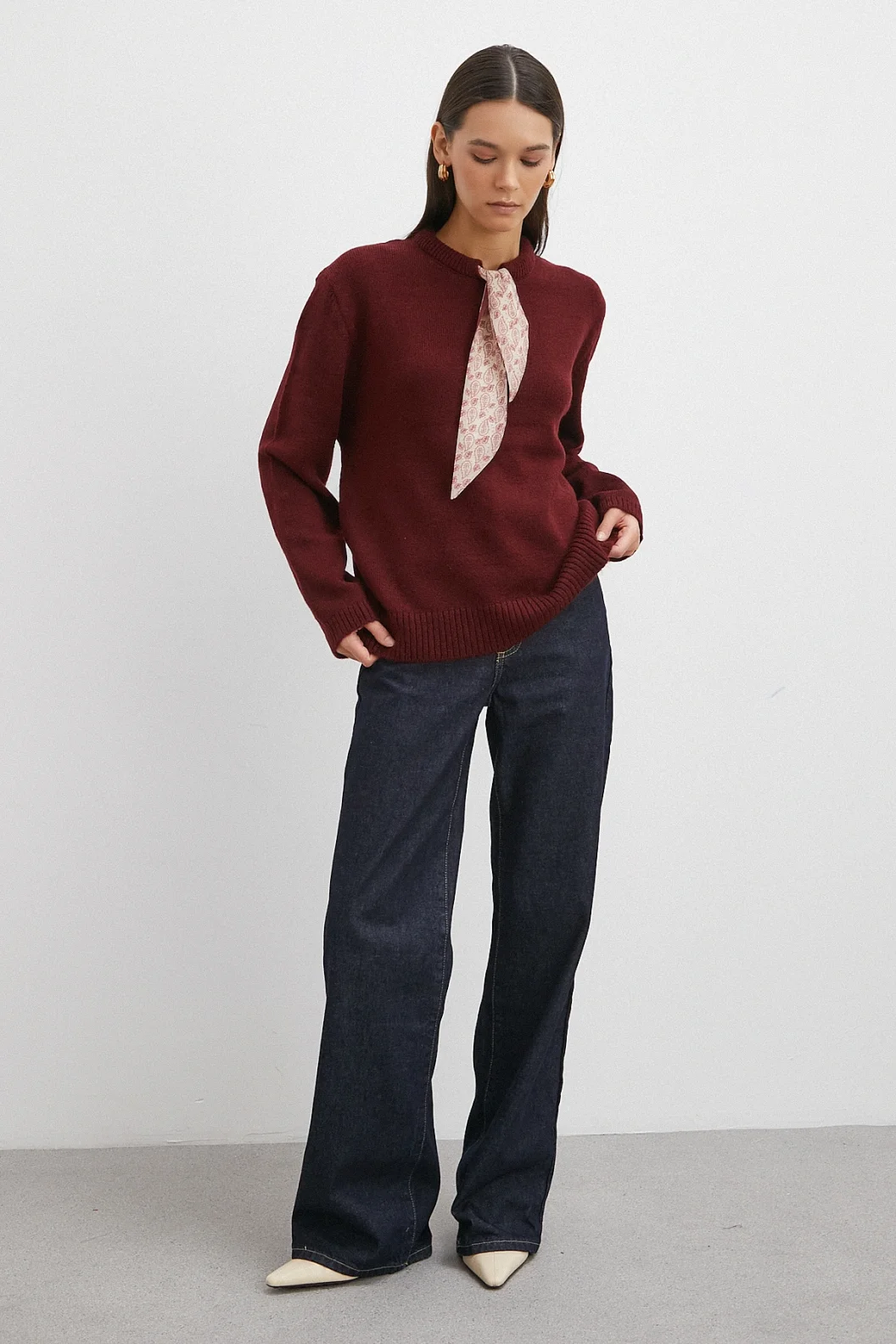 Fularlı Uzun Kollu Kazak Bordo