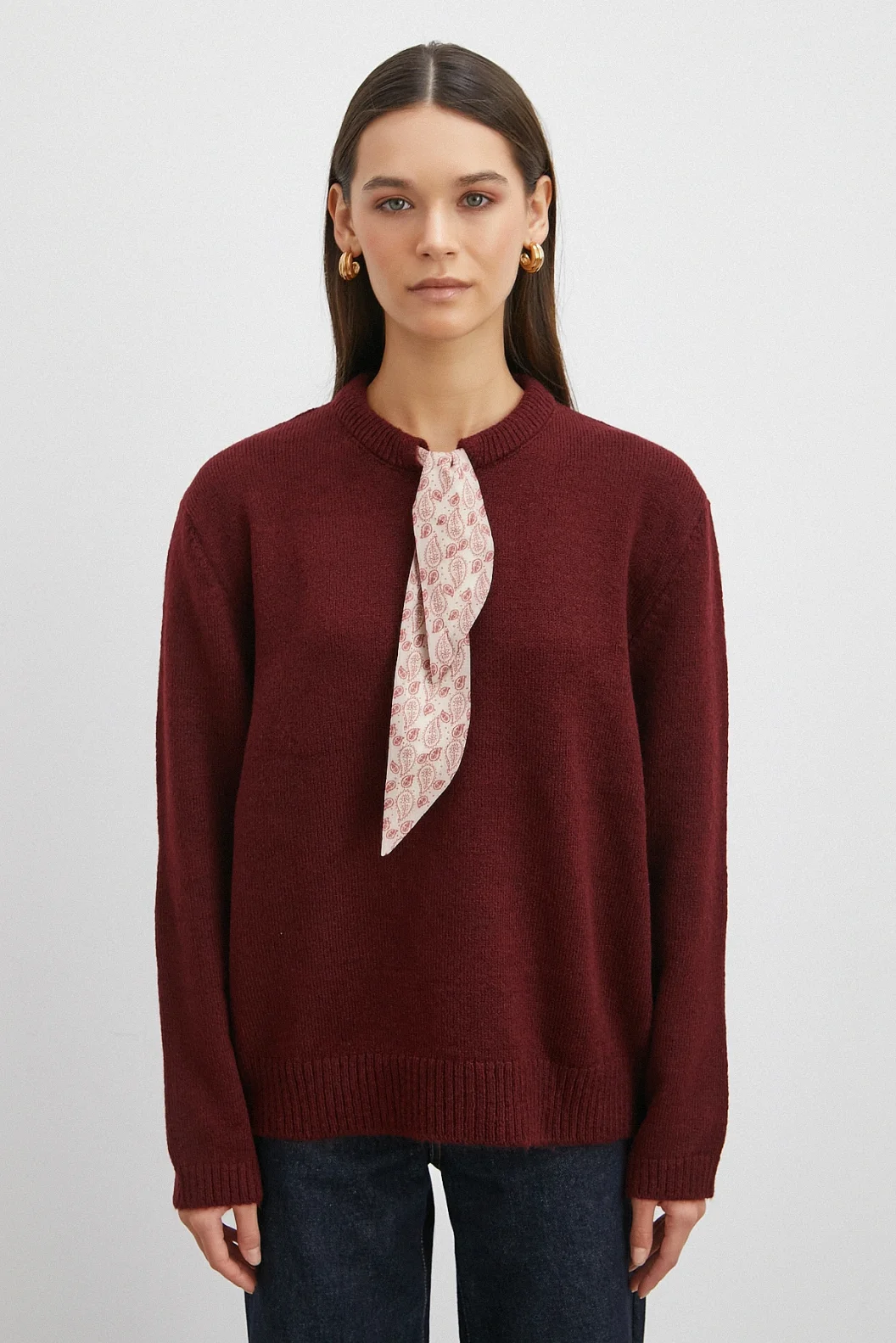 Fularlı Uzun Kollu Kazak Bordo