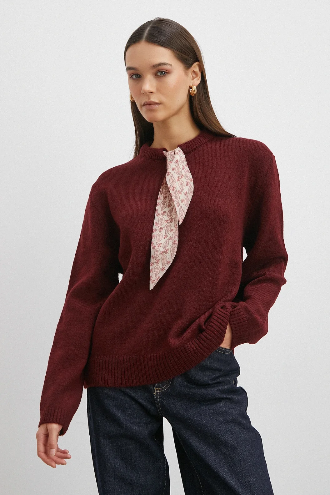 Fularlı Uzun Kollu Kazak Bordo