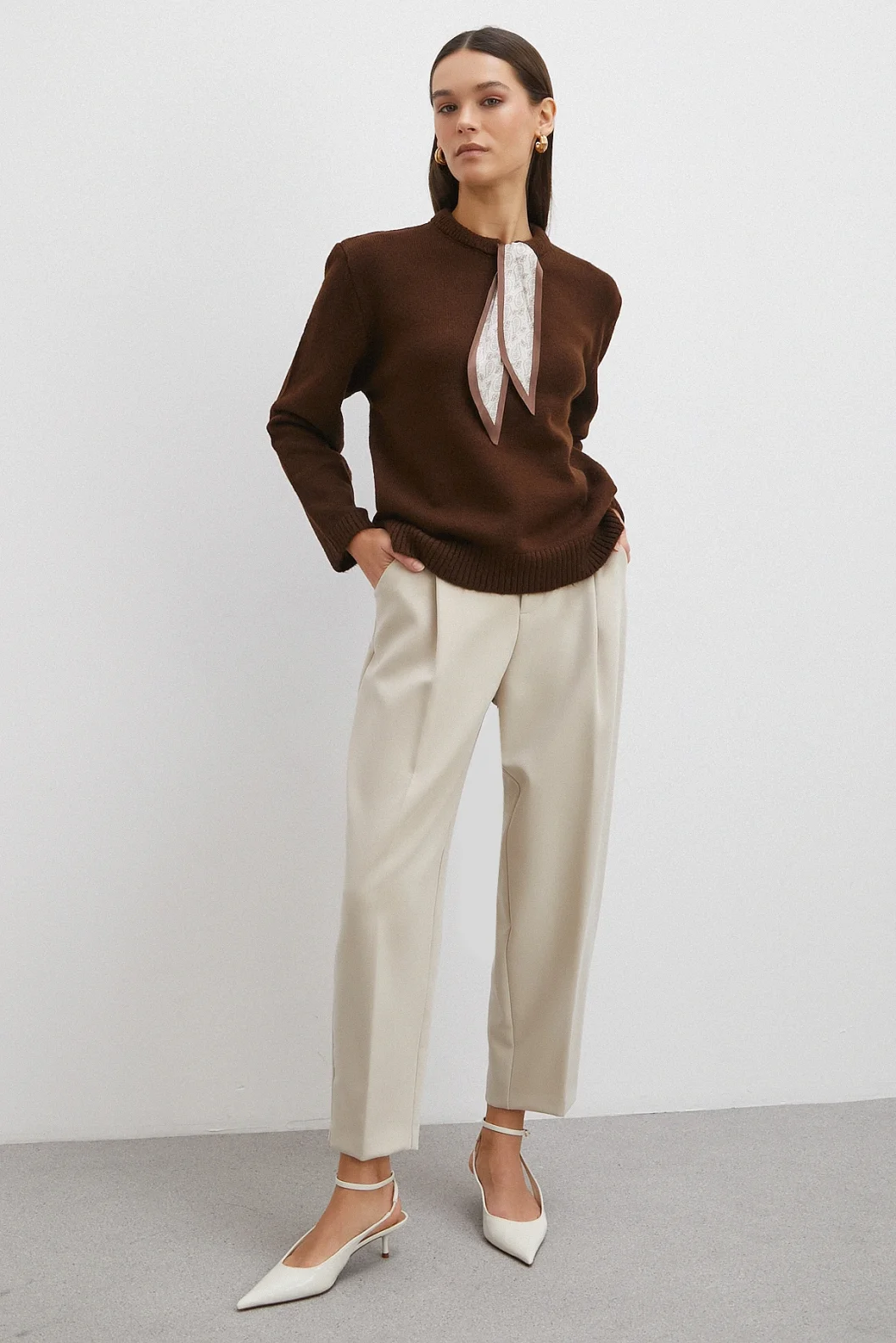 Fularlı Uzun Kollu Kazak Kahve