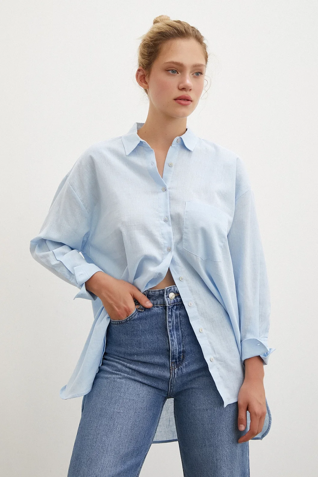 Midi Größe Leinenhemd Blau