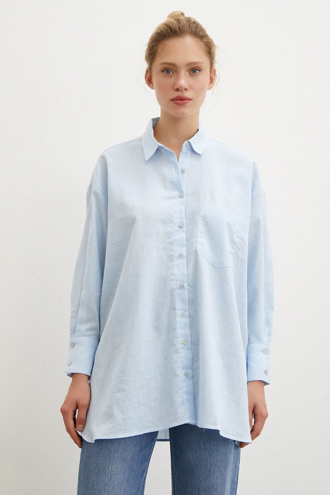 Midi Größe Leinenhemd Blau