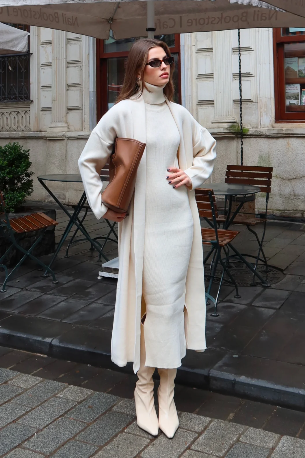 Uzun Elbiseli Hırka Triko Takım Ekru