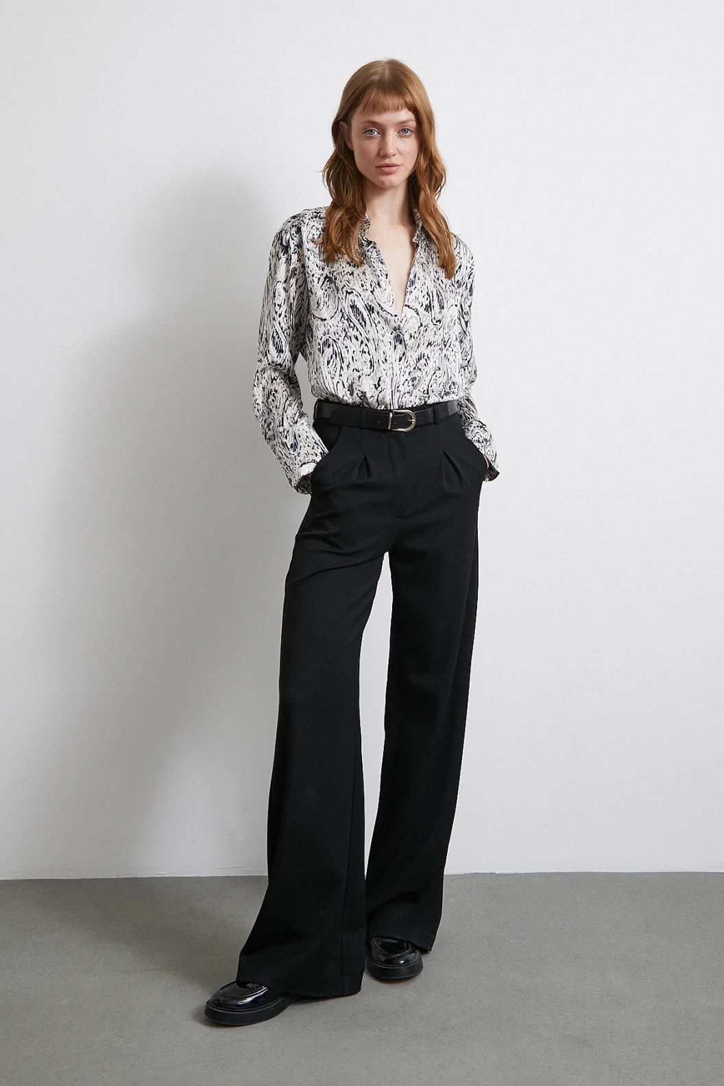 V Neck Patterned Satin Shirt Black