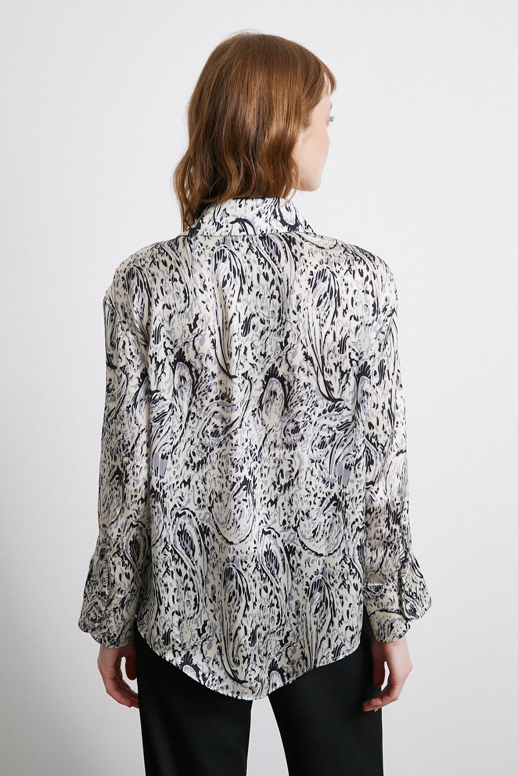 V Neck Patterned Satin Shirt Black