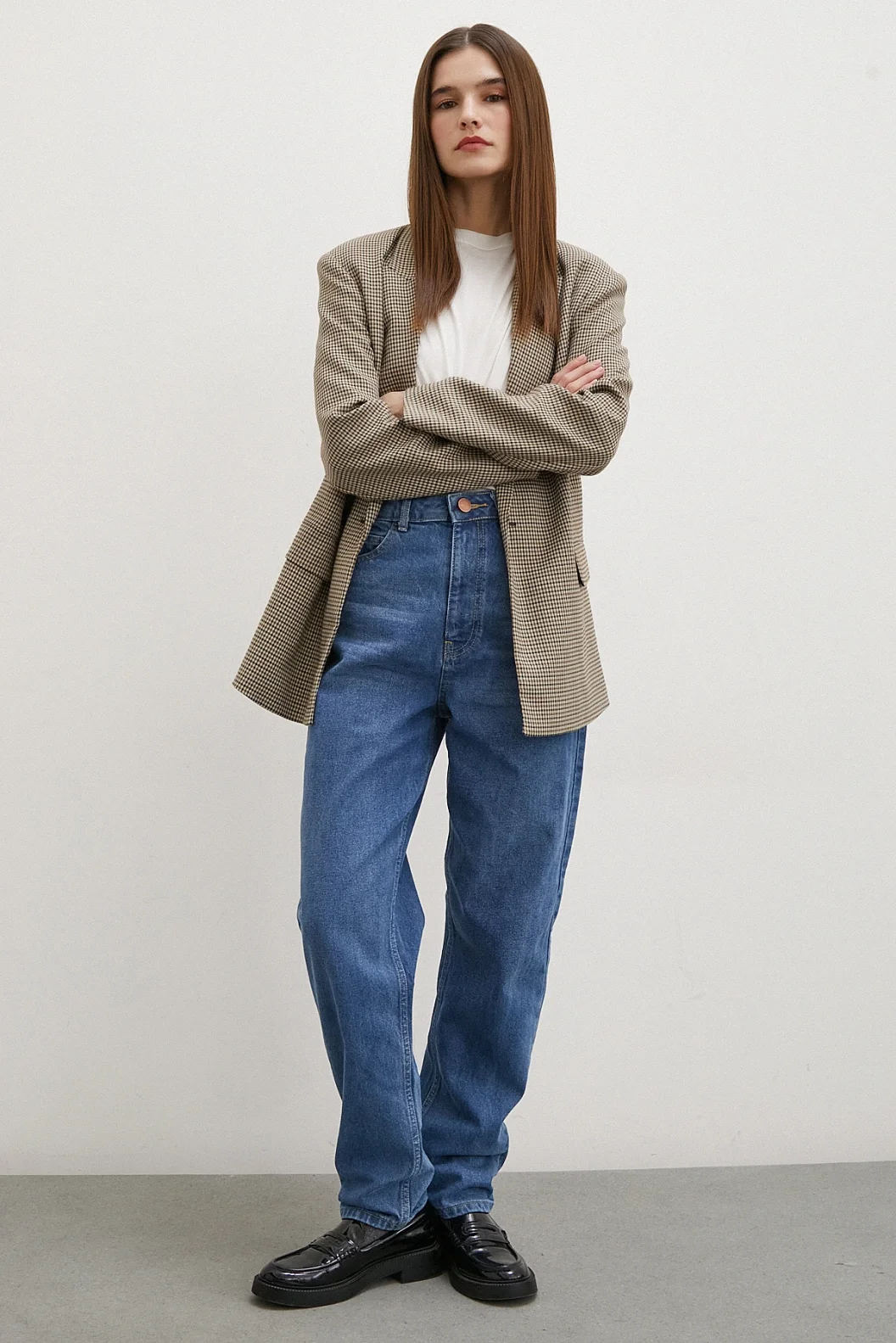 الخصر العالي جينز مريح بقصة واسعة الساق باللون الأزرق