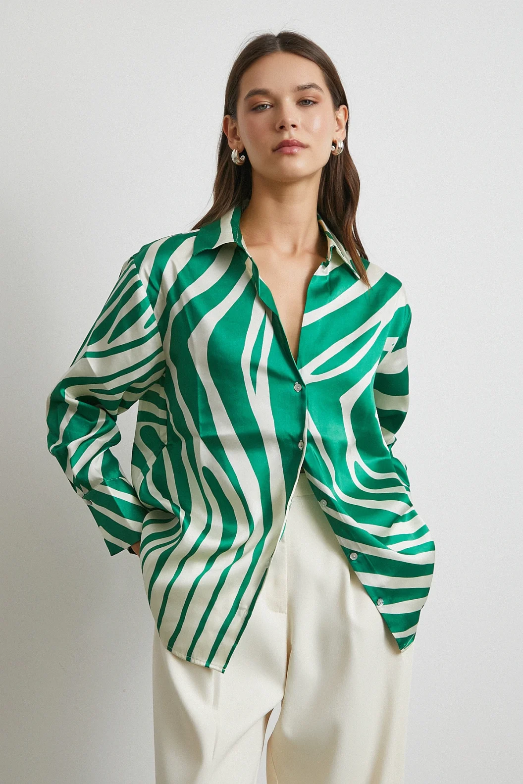 Zebra Pattern V Neck Shirt Green