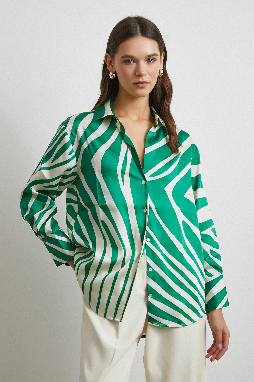 Zebra Pattern V Neck Shirt Green
