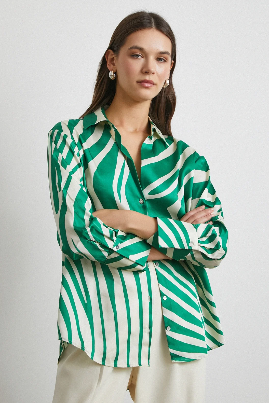 Zebra Pattern V Neck Shirt Green