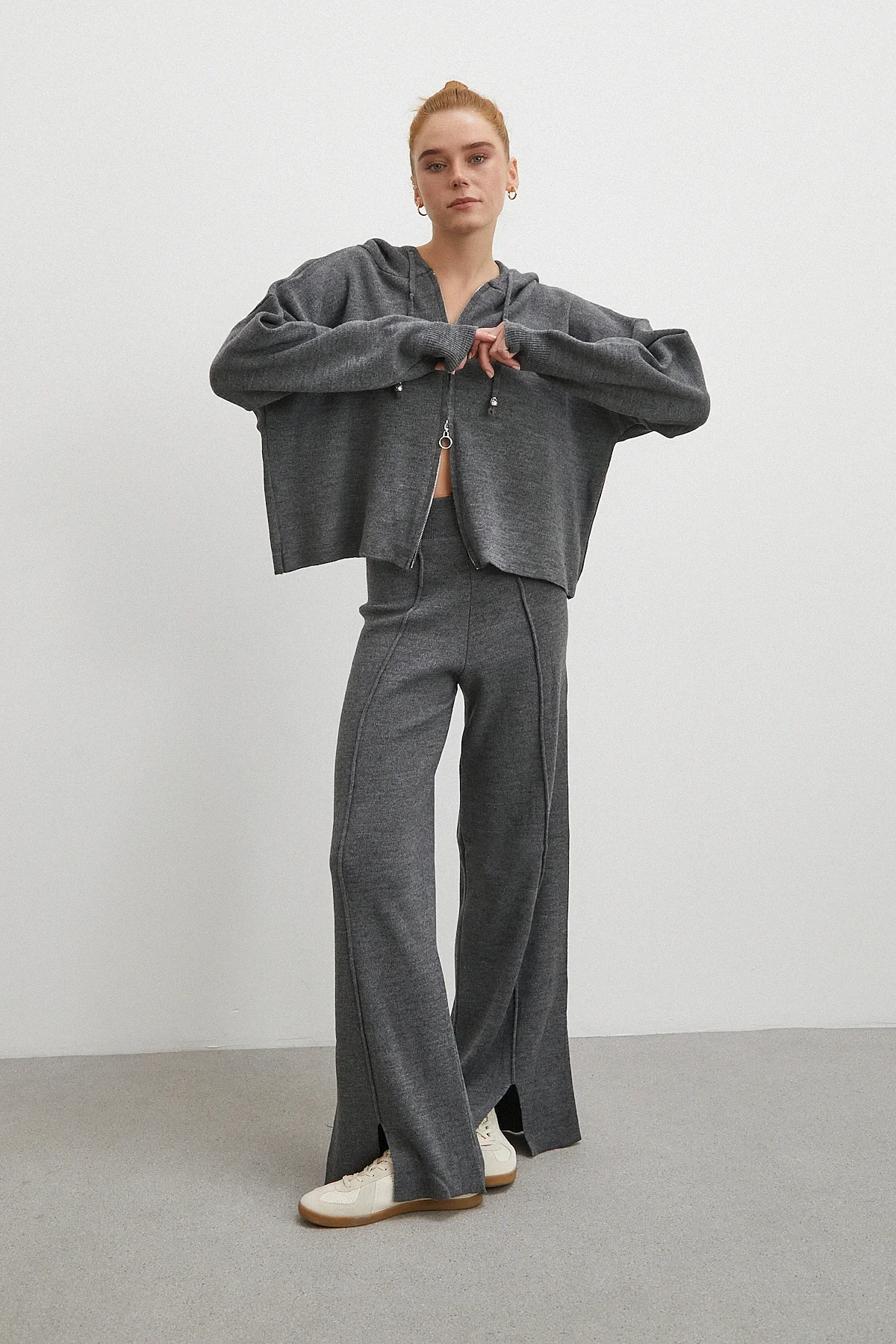 Çift Fermuarlı Kapüşonlu Pantolonlu Takım Gri