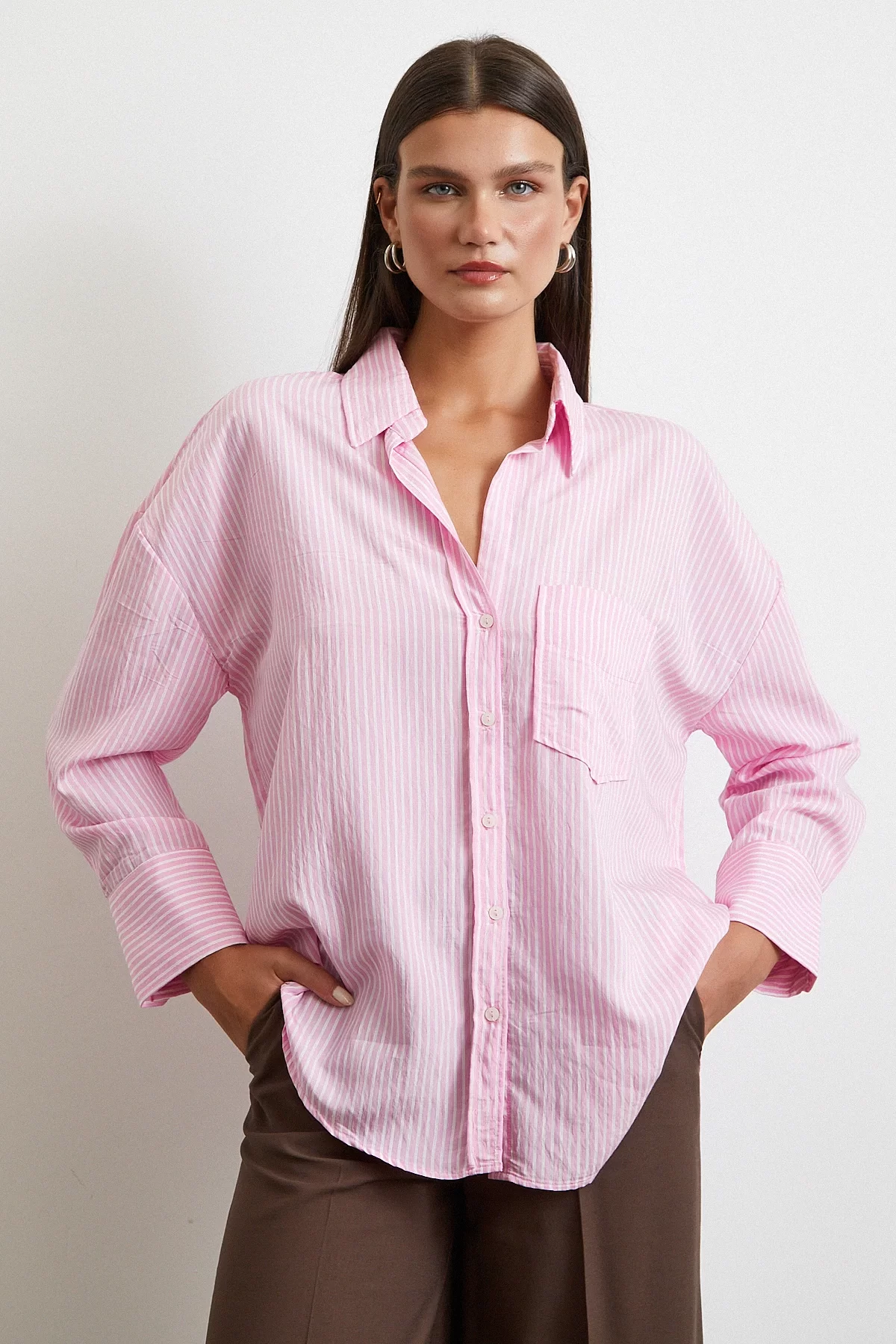 Çizgili Oversize Gömlek Pembe
