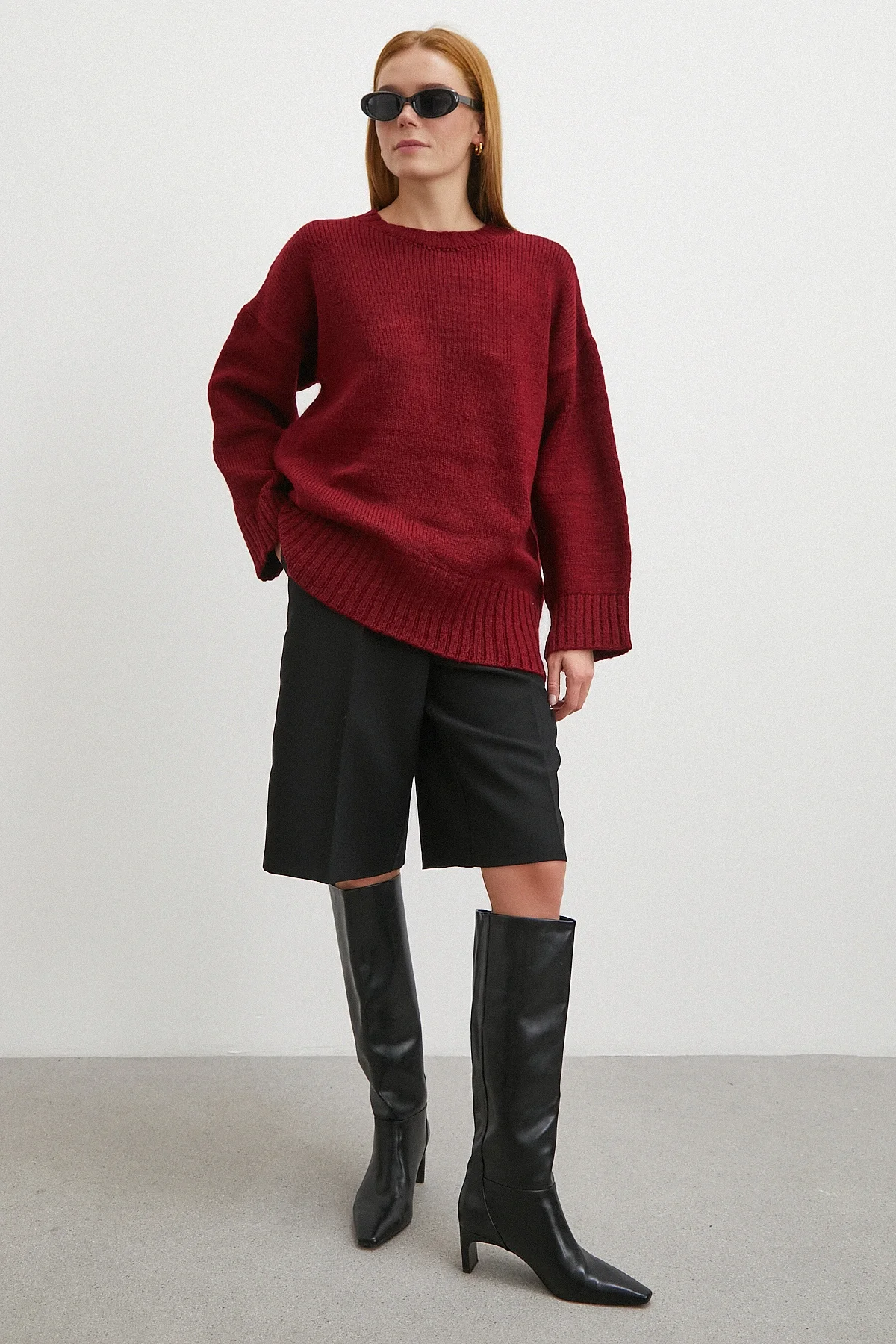 Bisiklet Yaka Fitilli Triko Kazak Bordo