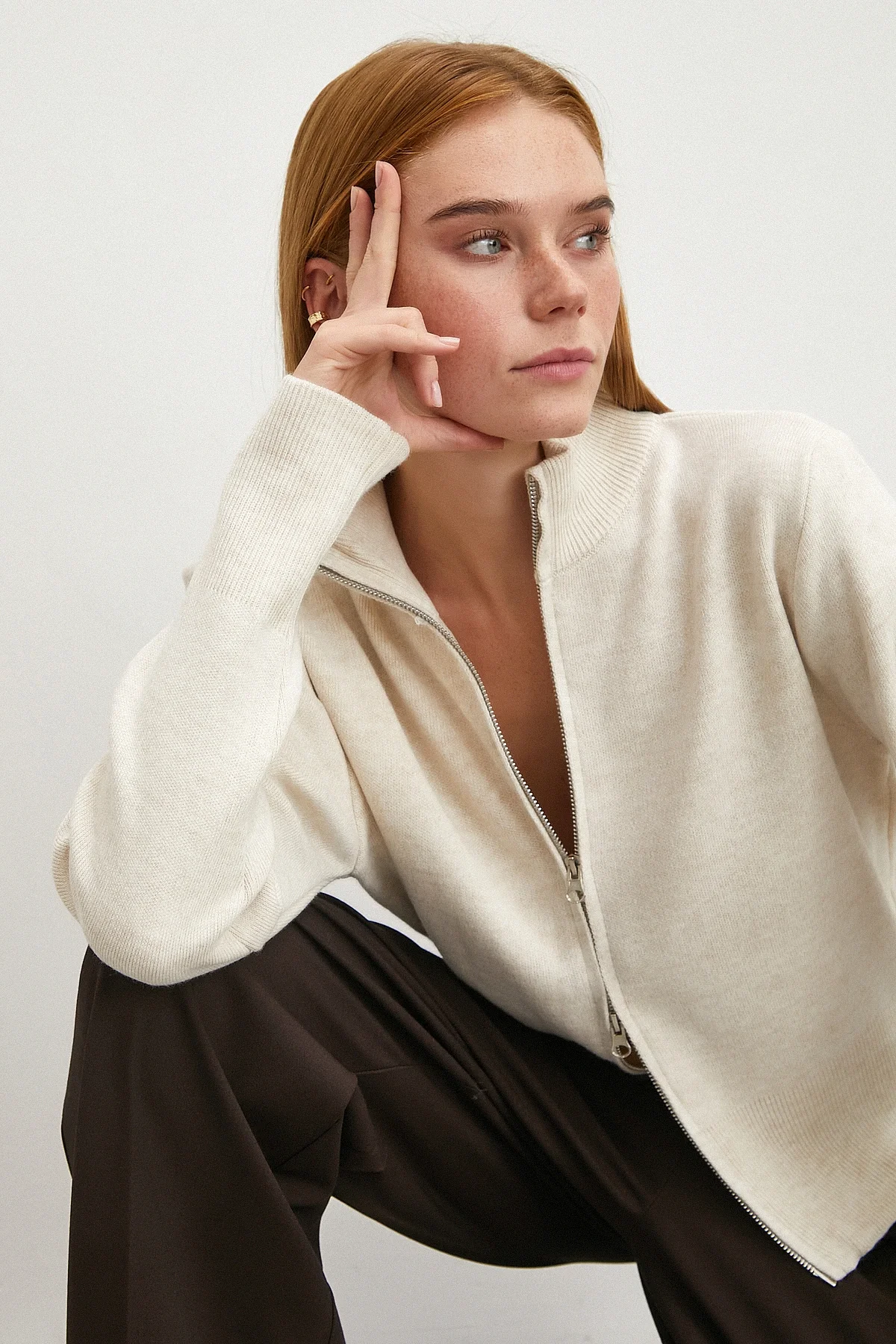 Çift Fermuarlı Triko Hırka Ekru