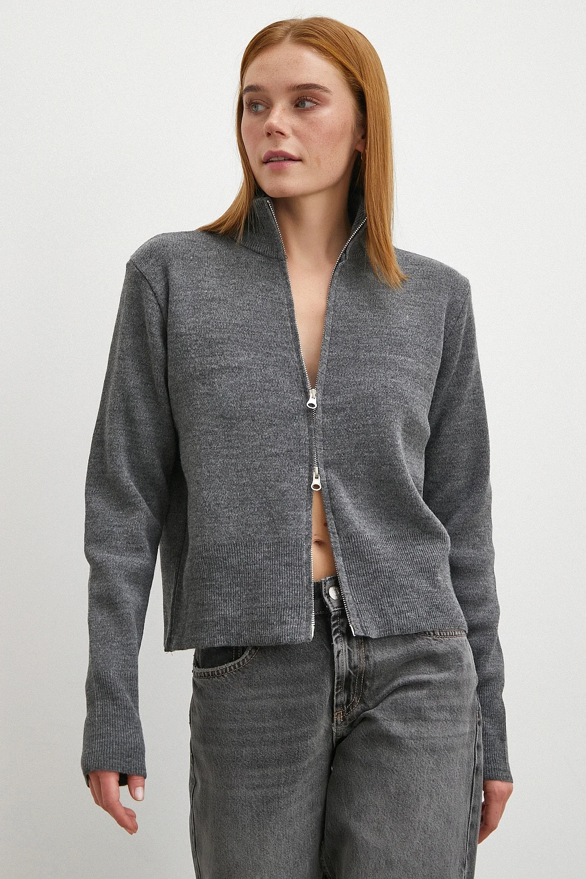 Çift Fermuarlı Triko Hırka Antirasit