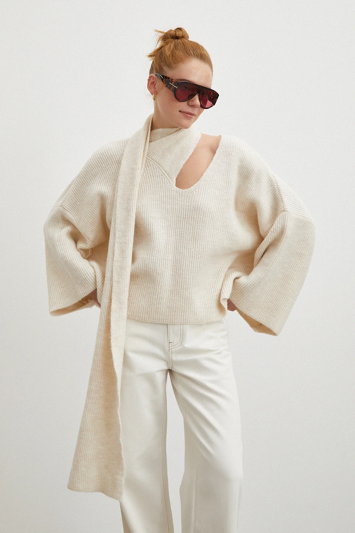 Fitilli Şal Yaka Kazak Ekru