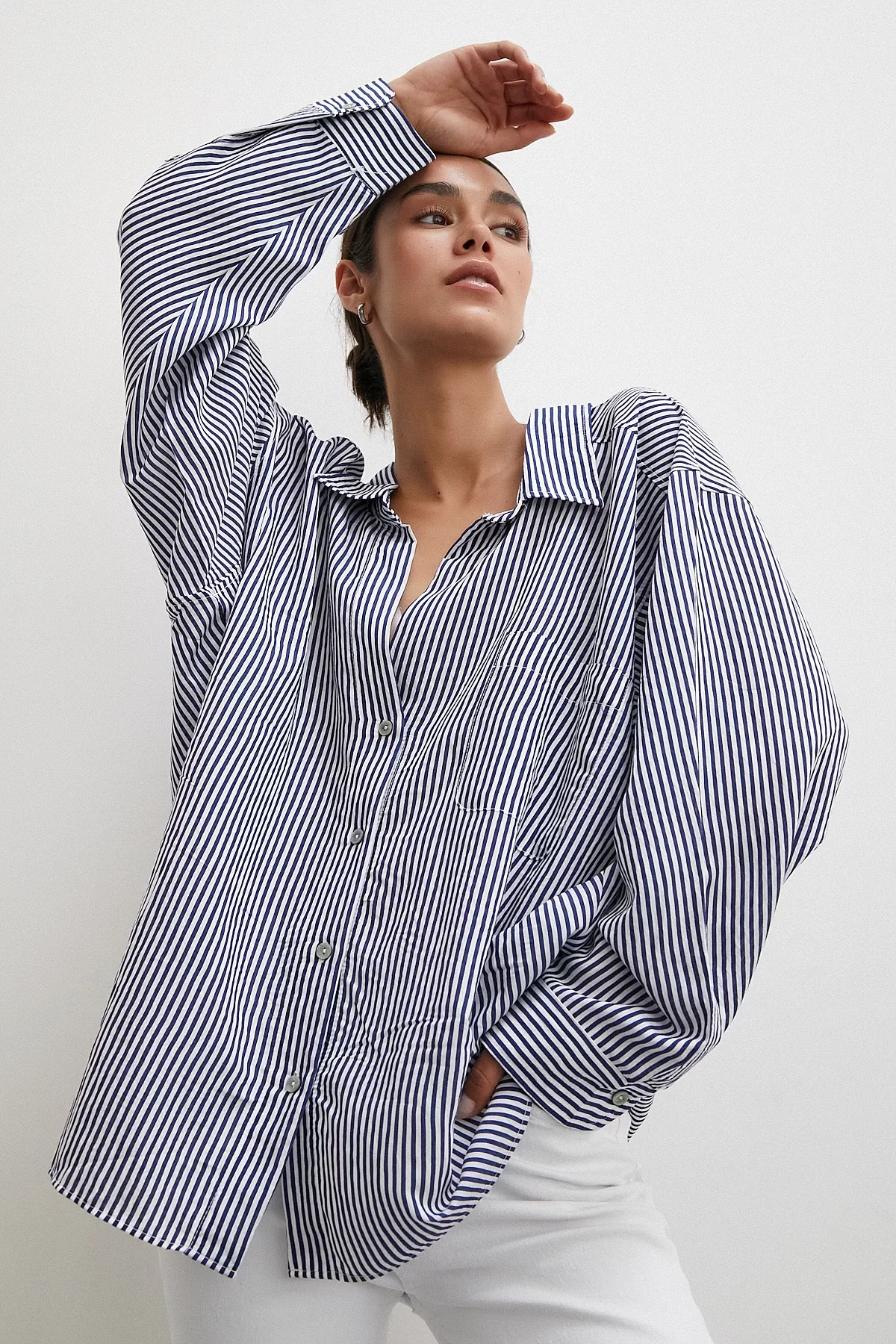 Bat Sleeve Striped Shirt White