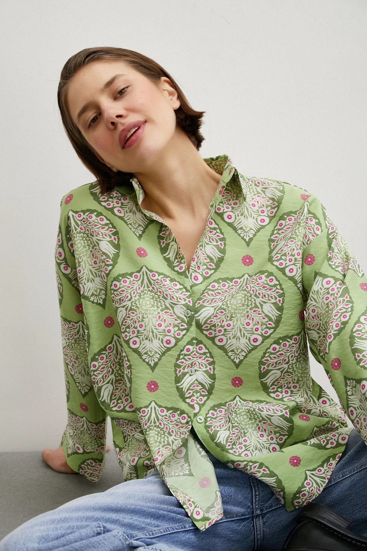 Tile Patterned Modal Shirt Green