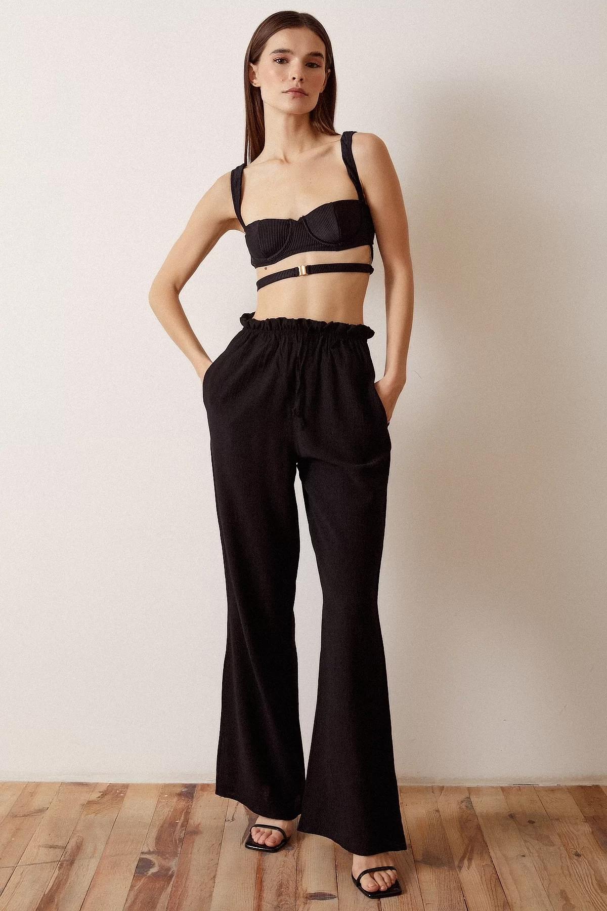 Elastic Waist Flared High Waist Pants Black