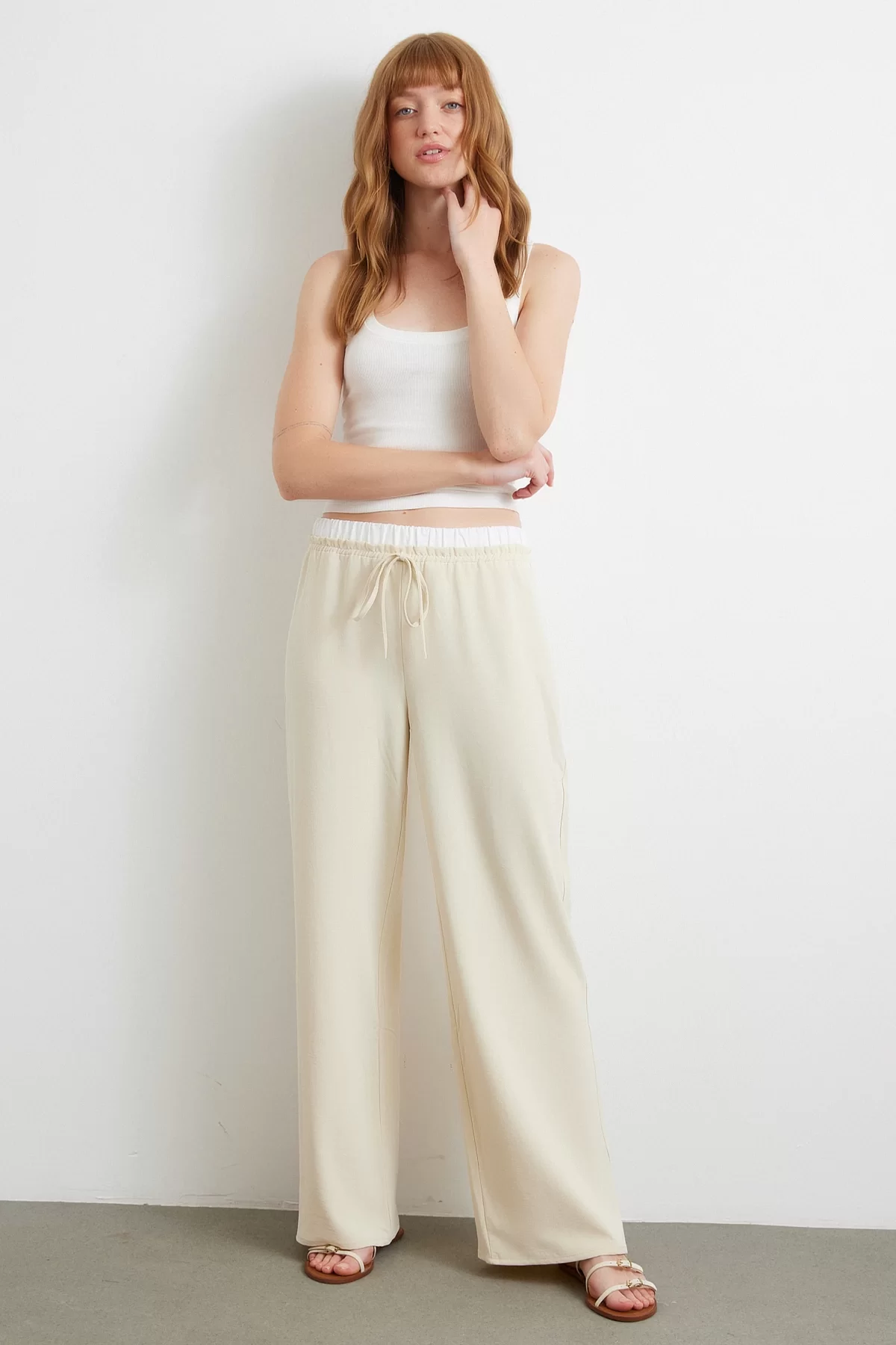 Bel Bantlı Wide Leg Pantolon Krem