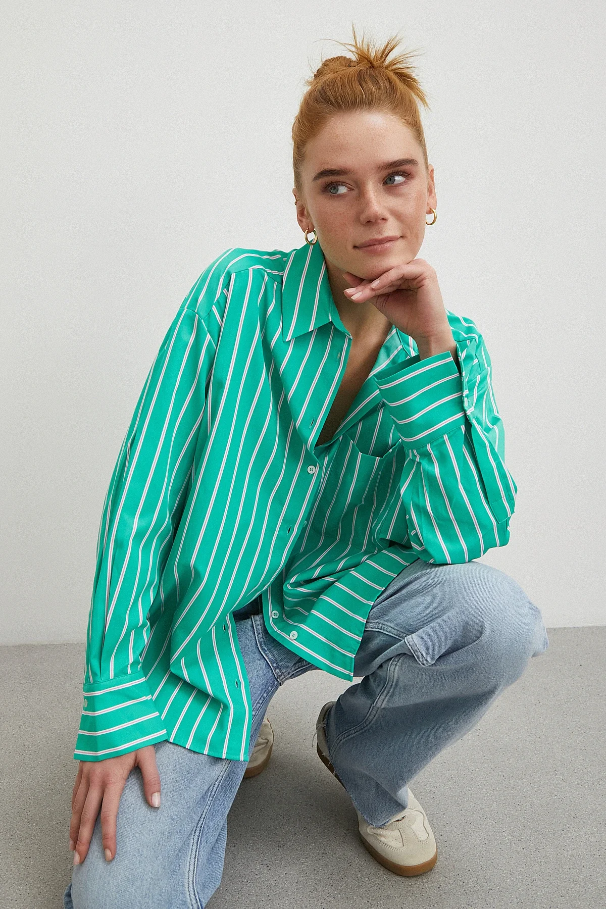 Çizgili Poplin Gömlek Yeşil