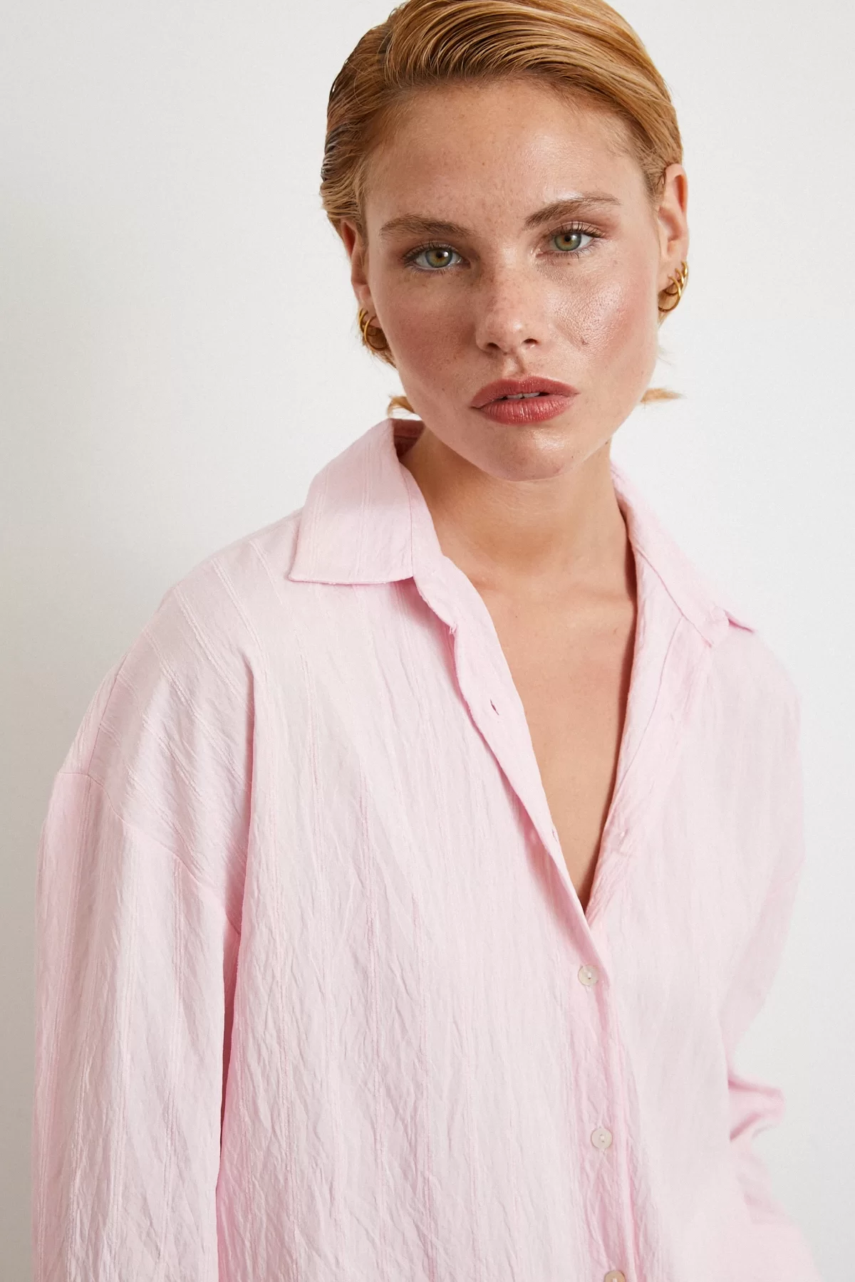 Kabartma Çizgili Oversize Gömlek Pembe