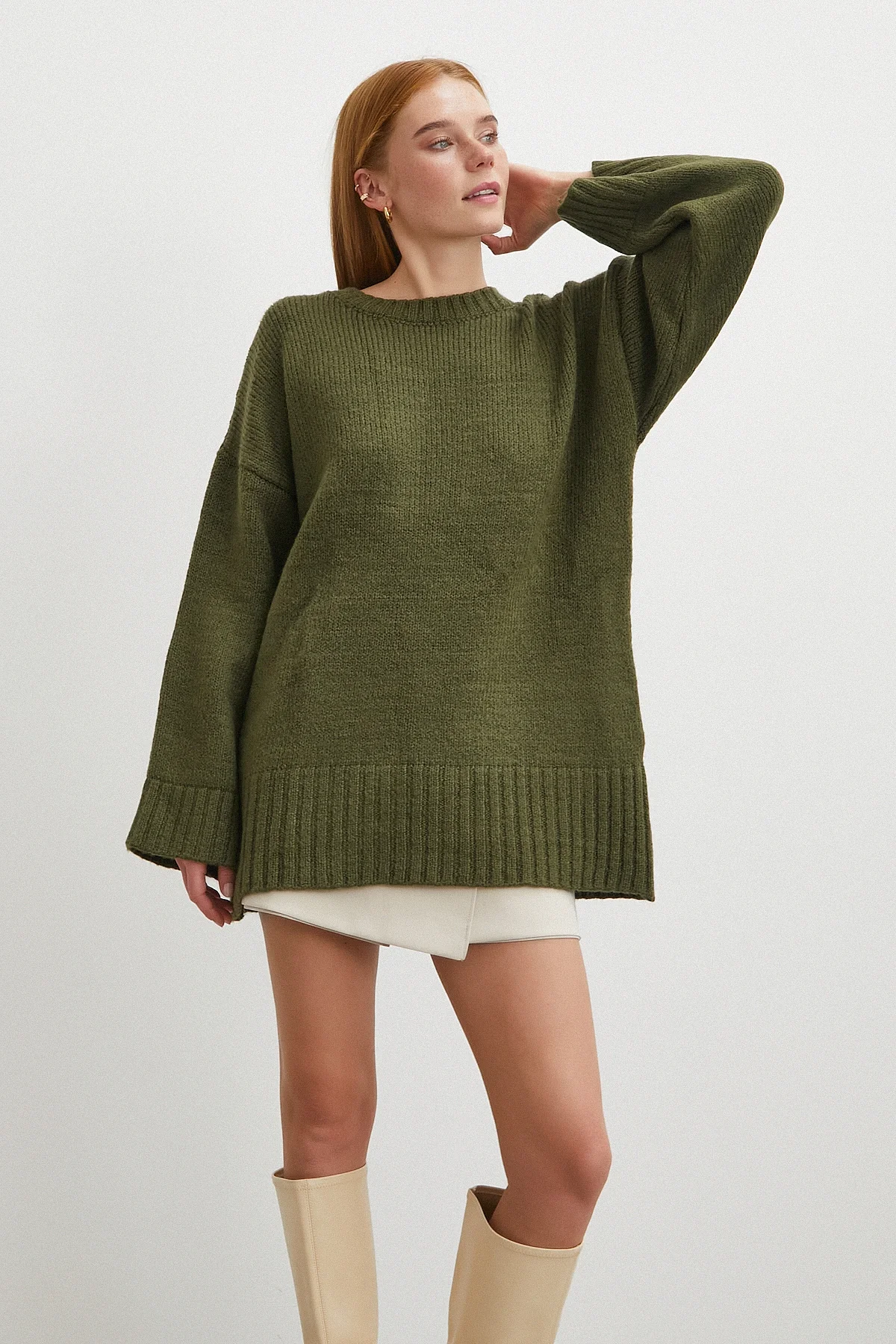 Bisiklet Yaka Fitilli Triko Kazak Haki