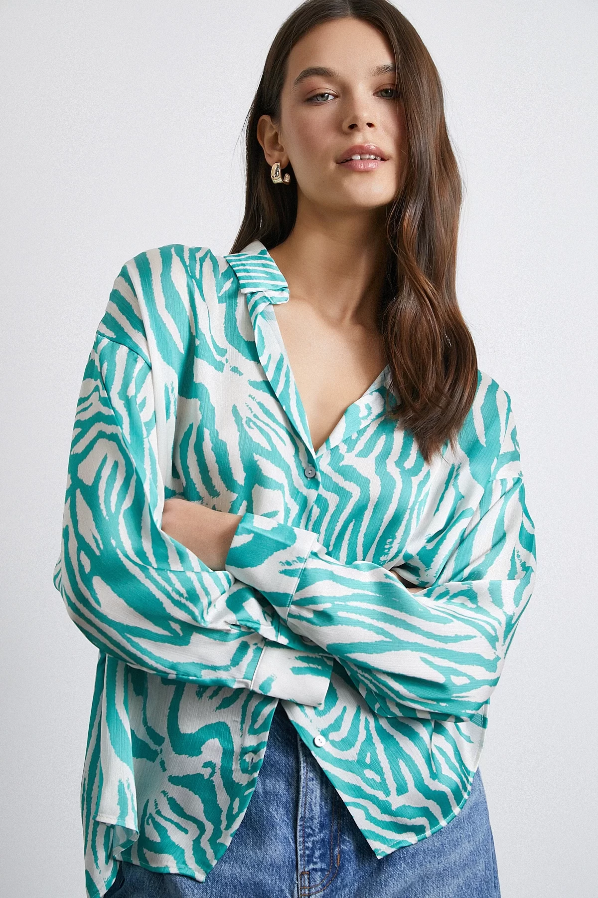 Zebra Print V-Neck Satin Shirt Green