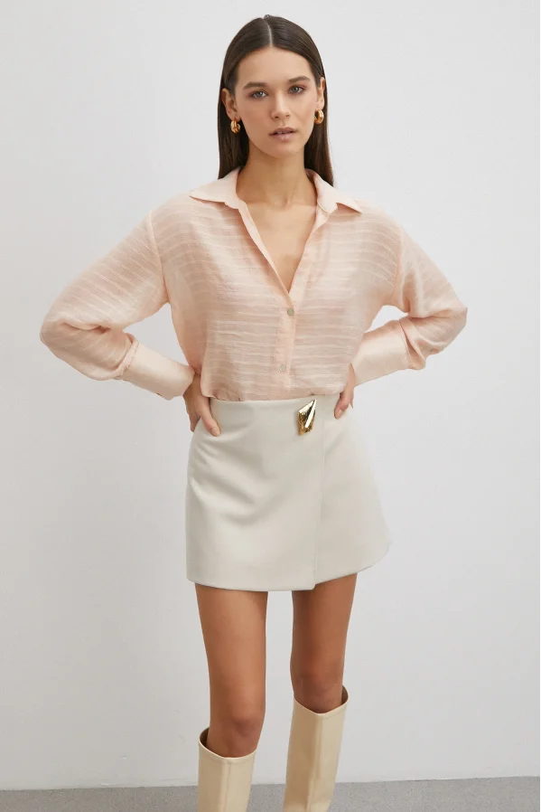 Kabartma Çizgili Gömlek Pudra