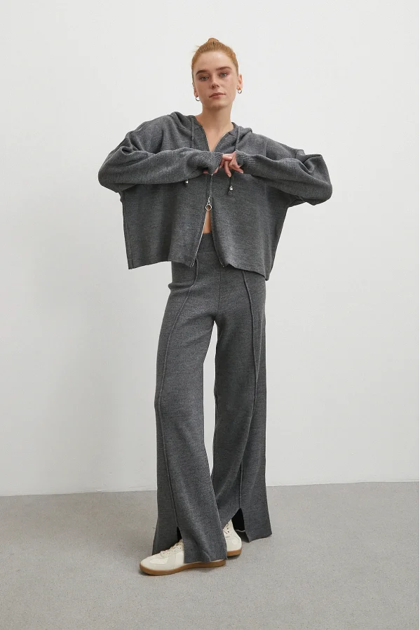 Çift Fermuarlı Kapüşonlu Pantolonlu Takım Gri