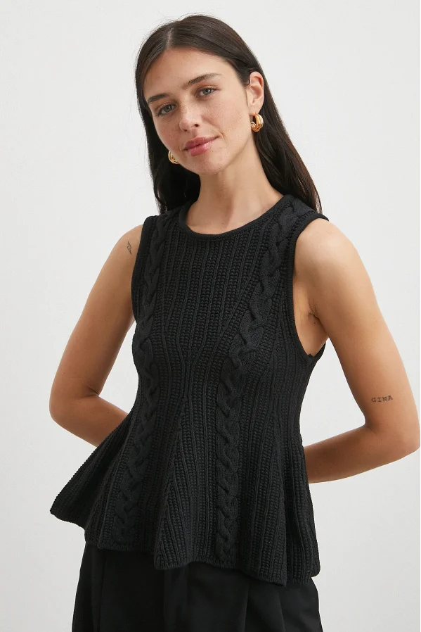 Burgu Örgü Kolsuz Triko Siyah