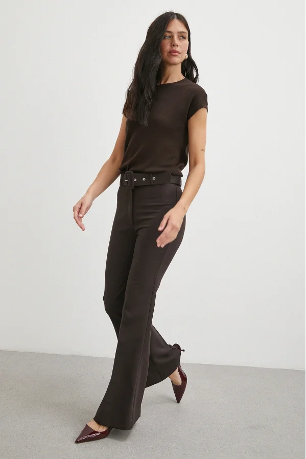 Kemerli İspanyol Paça Pantolon Kahve