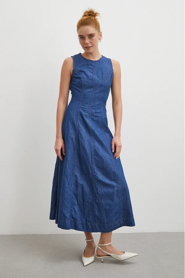 Bisiklet Yaka Kolsuz Premium Uzun Kot Elbise Lacivert