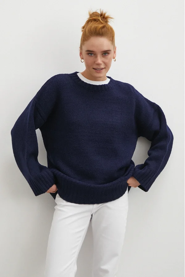 Bisiklet Yaka Fitilli Triko Kazak Lacivert