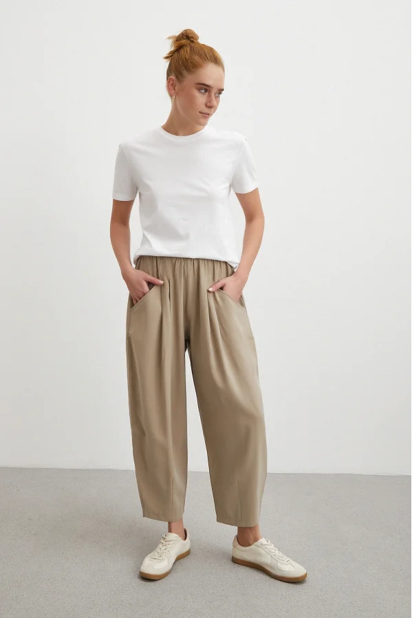 Bağcıklı Beli Lastikli Pileli Pantolon Taş