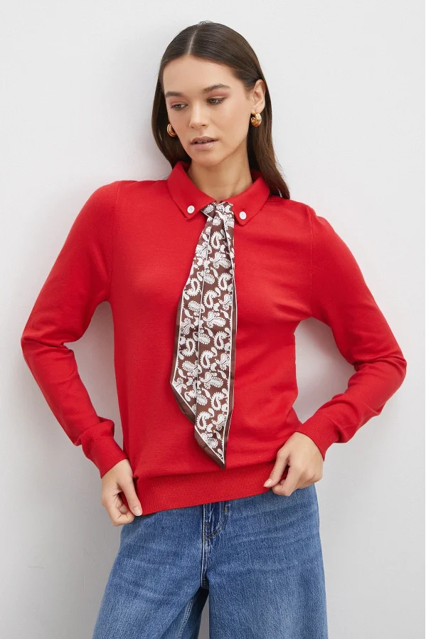 Fularlı Polo Yaka Kazak Kırmızı