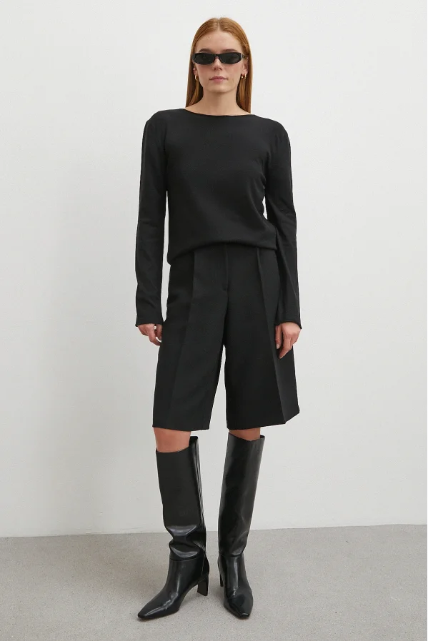 Kayık Yaka Uzun Kol Kazak Siyah