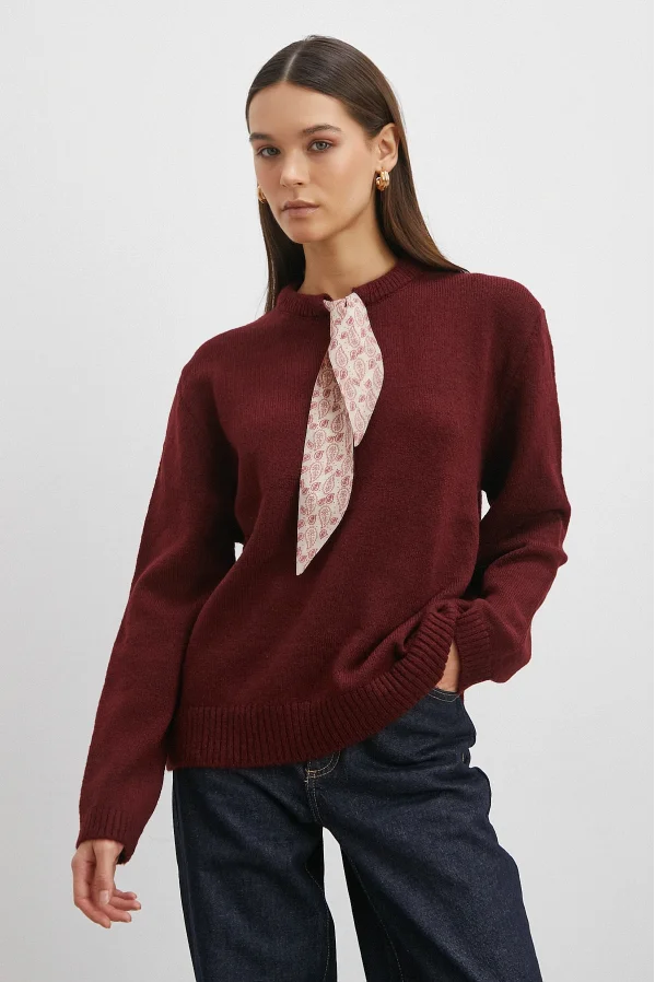 Fularlı Uzun Kollu Kazak Kahve