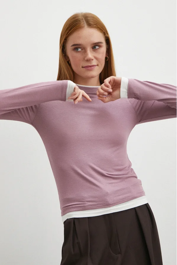 Garnili Bisiklet Yaka Bluz Lila
