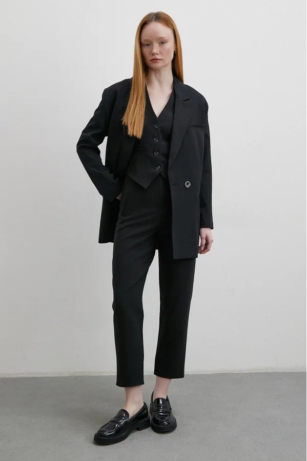 Vorderseite Gebürstete Skinny Stoffhose Schwarz